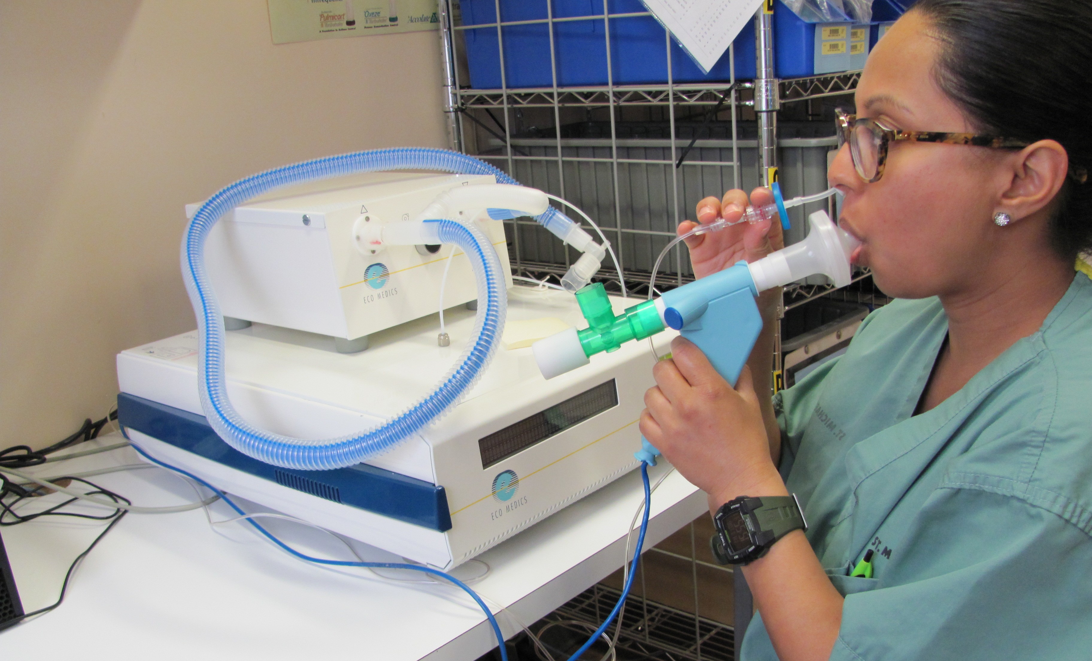 A patient breathing into the ENO analyzer